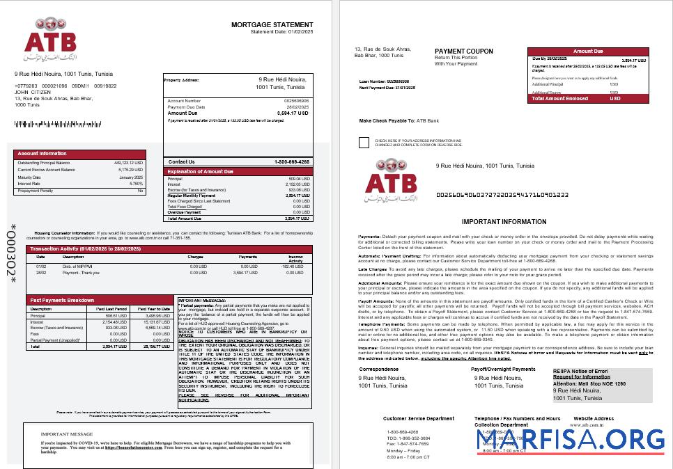 Blank Tunisian ATB bank mortgage statement in Word and PDF formats 1 2 sample